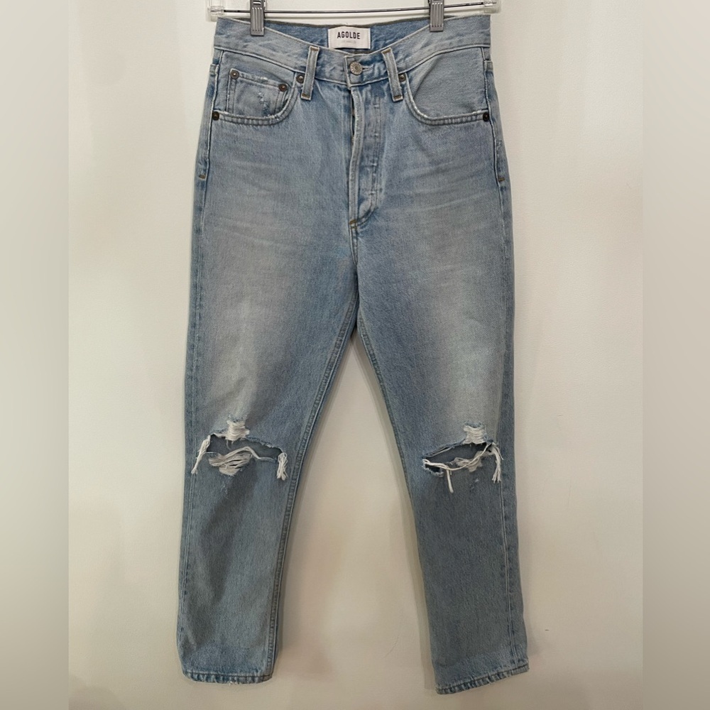 Agolde Riley High Rise Straight Leg Crop Button Fly Distressed Jeans Sz 24 Blue